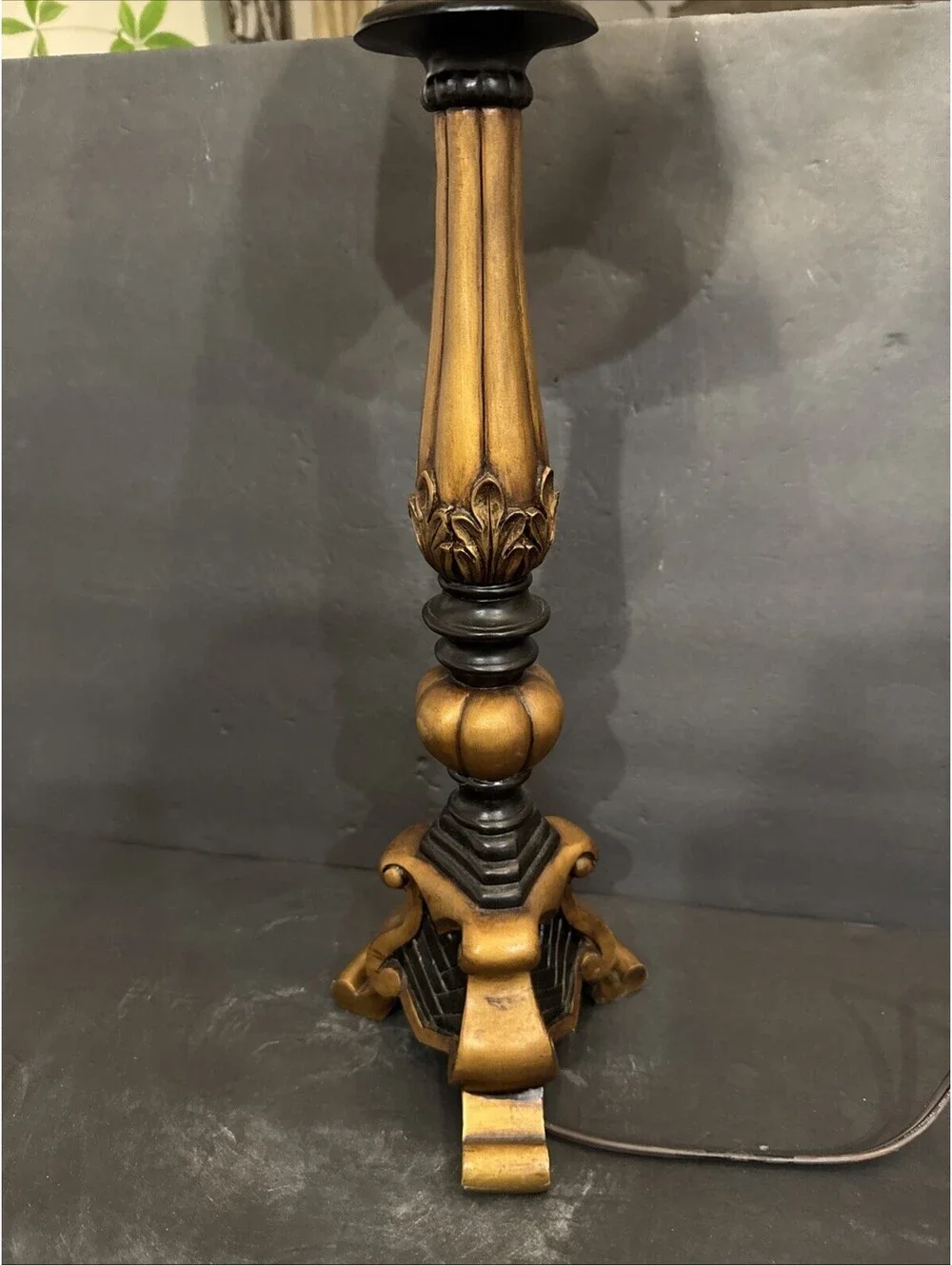 Vintage ACook 30” Ornate Candlestick Lamp Tall Black & Gold Resin Shade W Flaws